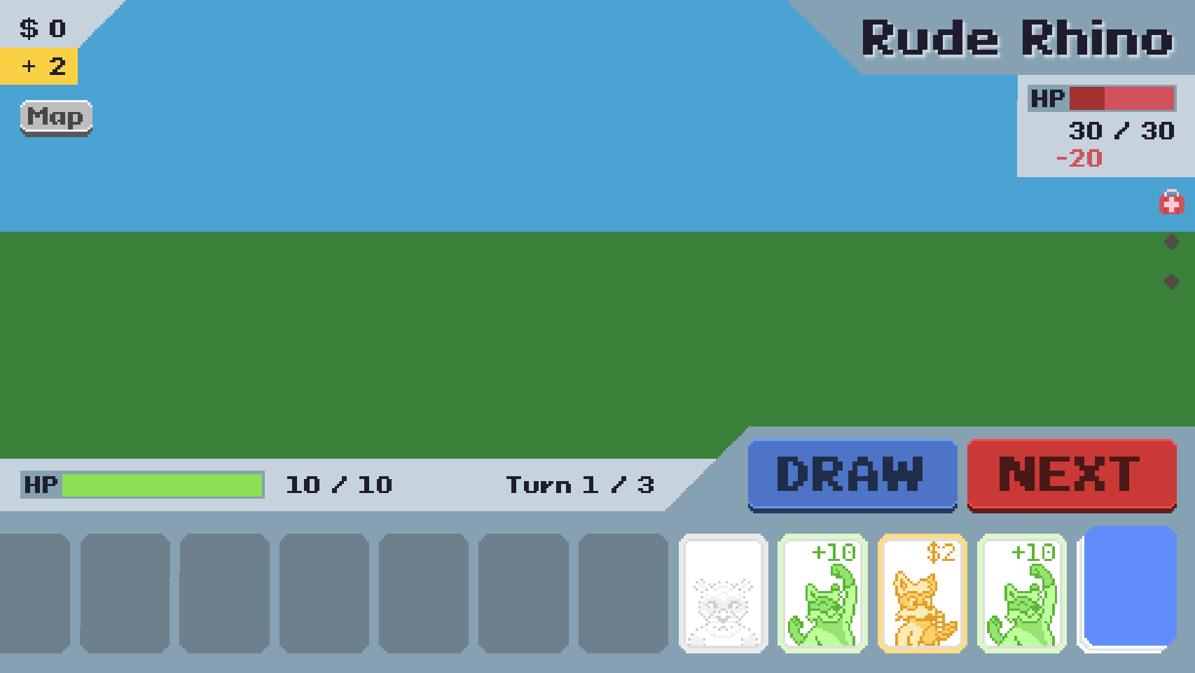 A UI display for the game, Heroes of Chance! It shows money in the top left, the enemy in the top right, and at the bottom and display for drawing cards.